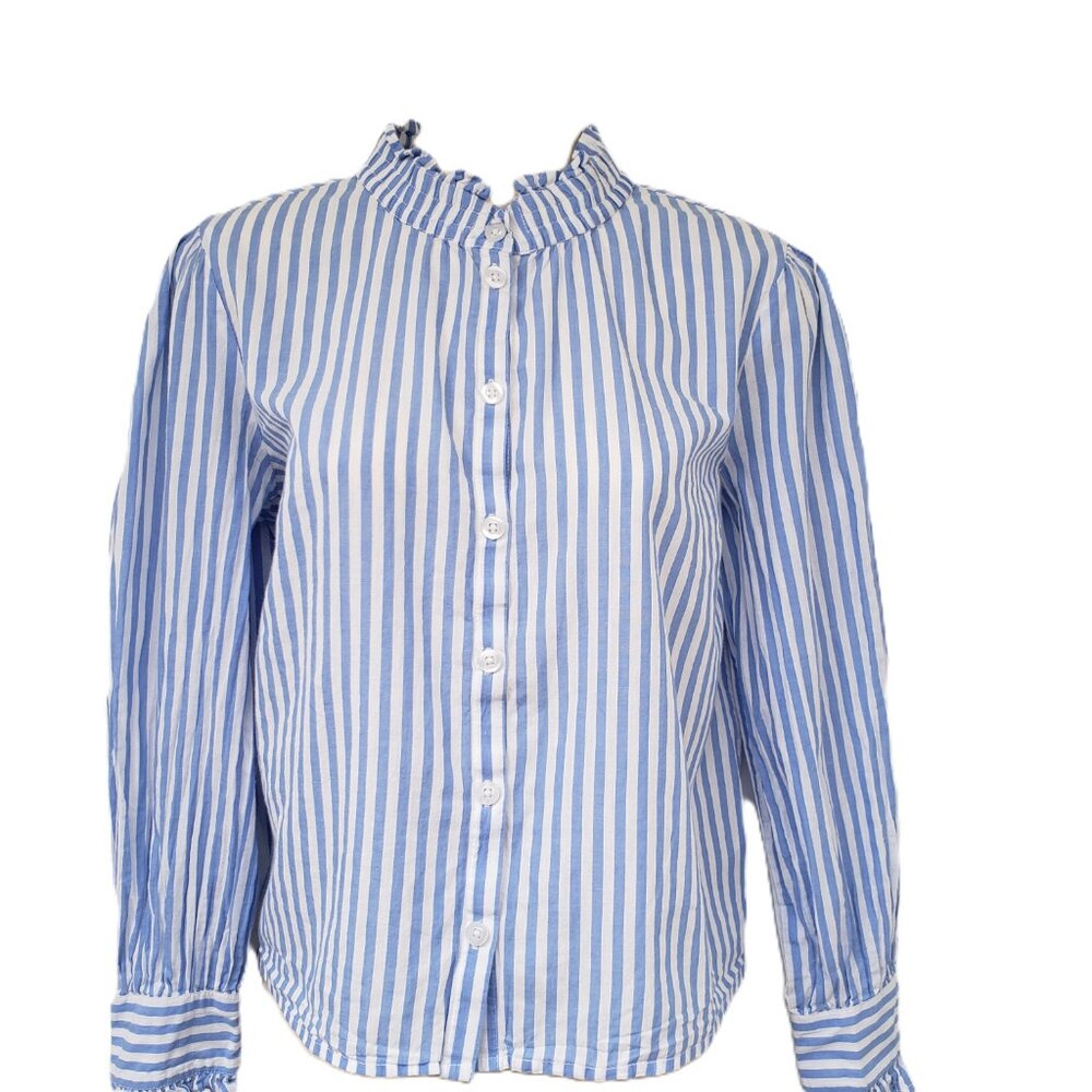 Vero Moda Striped Cotton High Ruffle Neck / Cuffs Women's Button Up Shirt (MED)